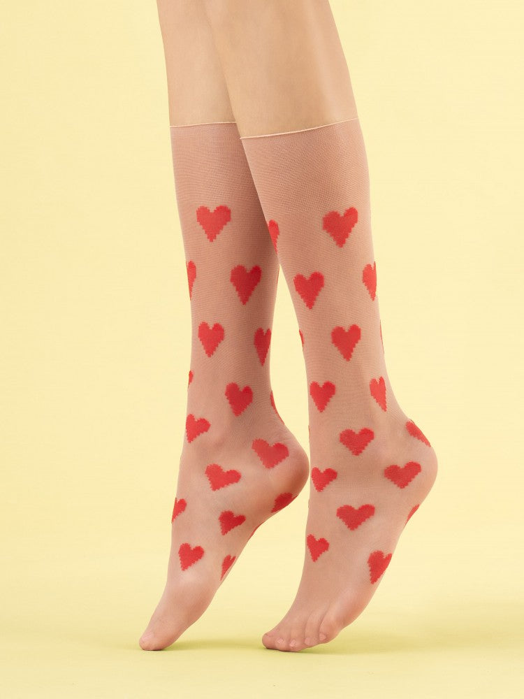 Red & Sheer Heart Print Knee High Socks