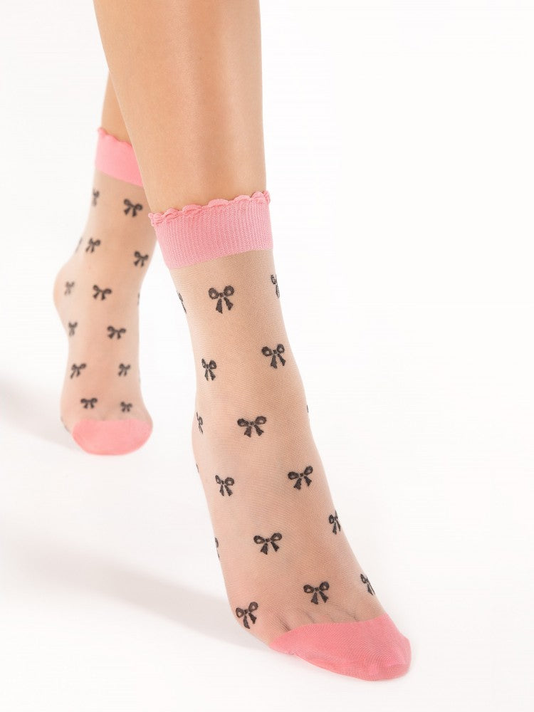 Pink & Black Bow Print Sheer Socks