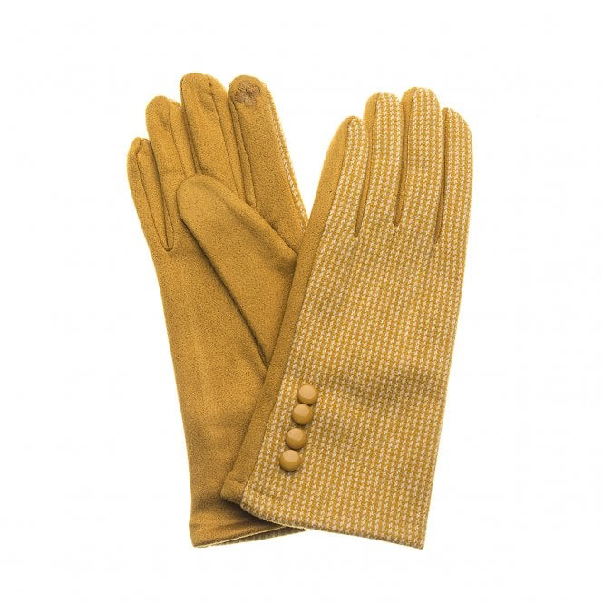 Mustard Check Gloves With Button Detail