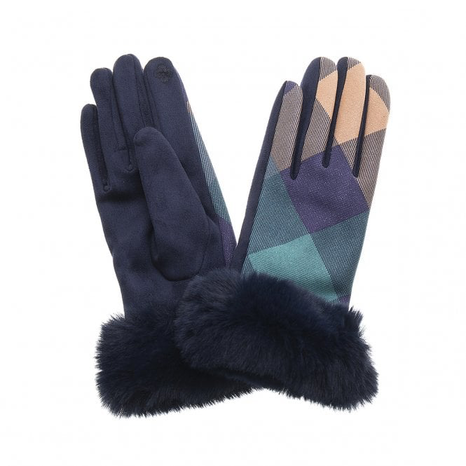 Teal & Purple Check & Faux Fur Trim Gloves