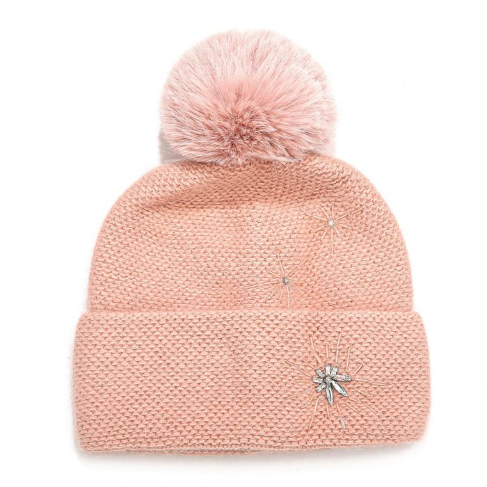 Baby Pink Embellished Pom Pom Hat