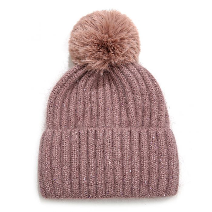 Heather Metallic Faux Fur Pom Pom Hat