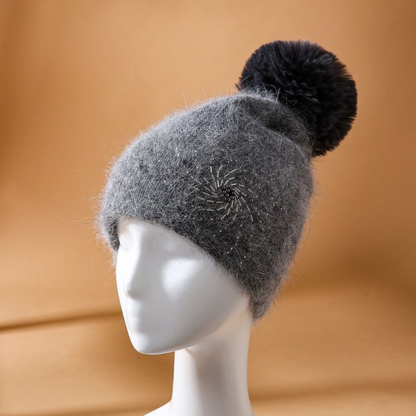 Grey Embellished Faux Fur Pom Pom Hat
