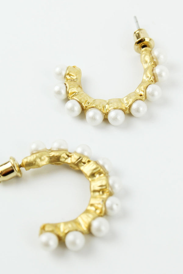 Small Chunky Gold & Pearl Hoop Earrings