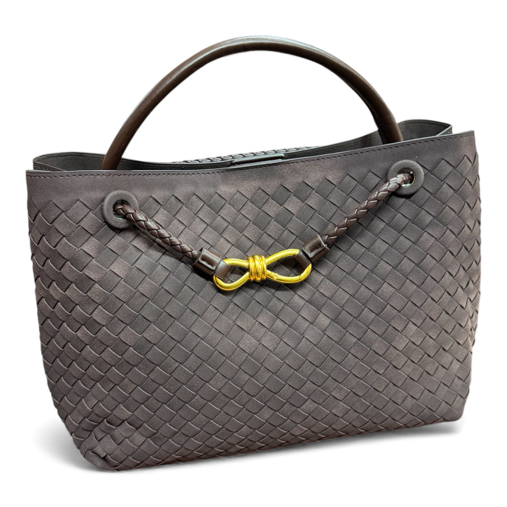 Chocolate Suede Woven Tote Handbag With Gold Clasp