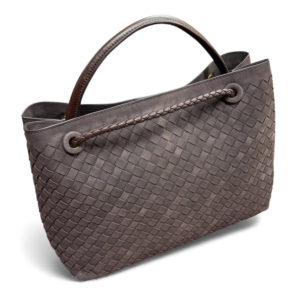 Chocolate Suede Woven Tote Handbag With Gold Clasp