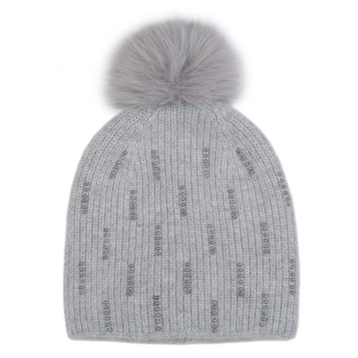 Grey Pearl Beaded Faux Fur Pom Pom Hat