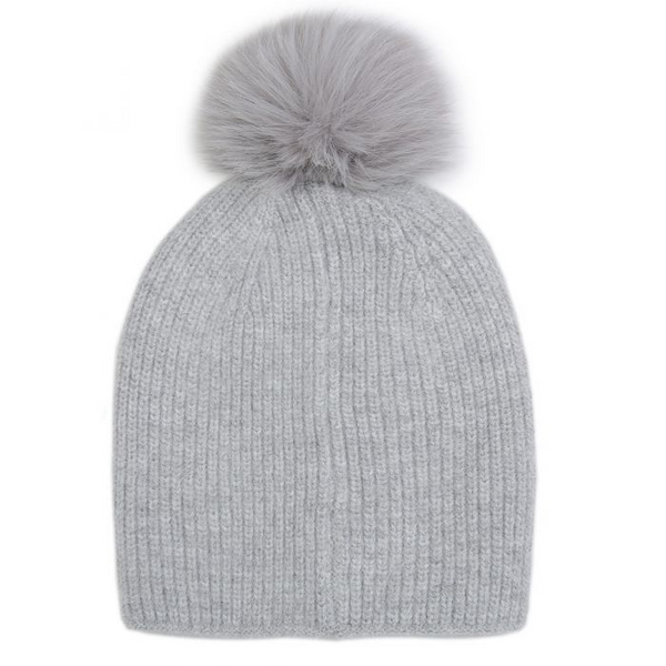 Grey Pearl Beaded Faux Fur Pom Pom Hat