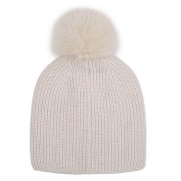 Cream Pearl Beaded Faux Fur Pom Pom Hat