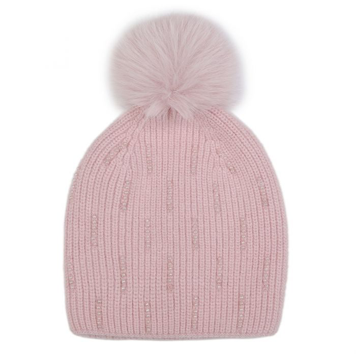 Dusty Pink Pearl Beaded Faux Fur Pom Pom Hat