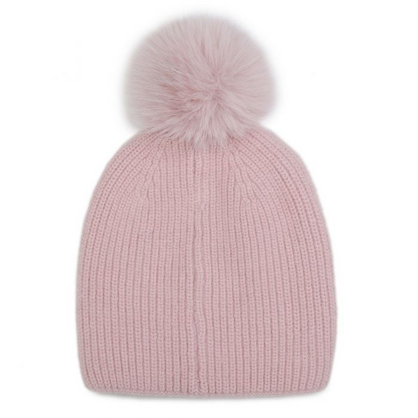 Dusty Pink Pearl Beaded Faux Fur Pom Pom Hat
