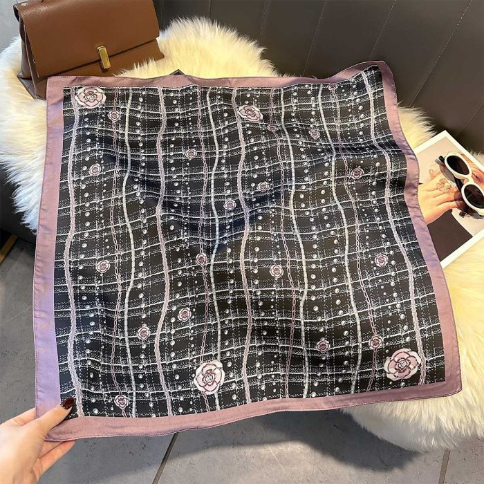 Black & Pink Plaid Floral Print Silk Neck Scarf