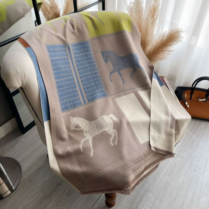 Beige, Green & Orange Horse Print Scarf