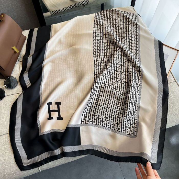 Beige & Black H Print Silky Scarf