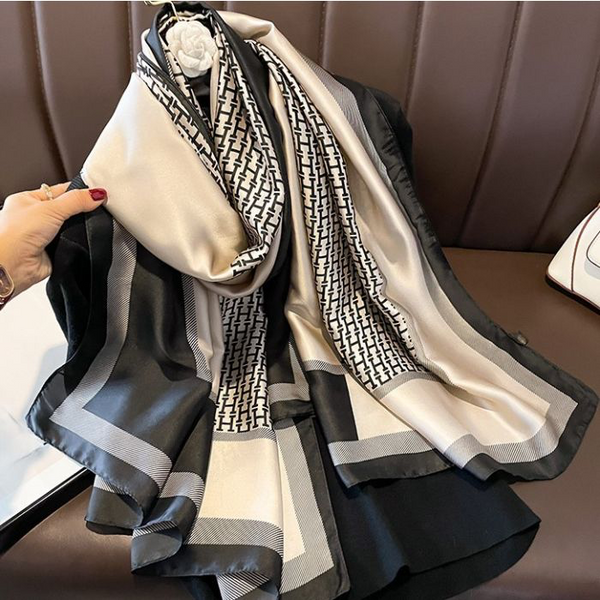Beige & Black H Print Silky Scarf