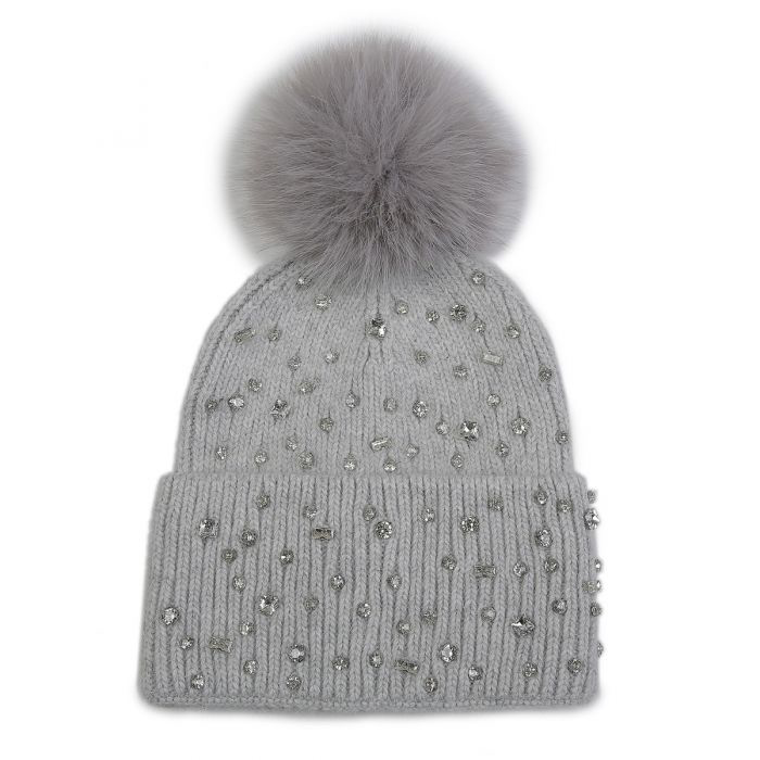 Grey Embellished Faux Fur Pom Pom Hat