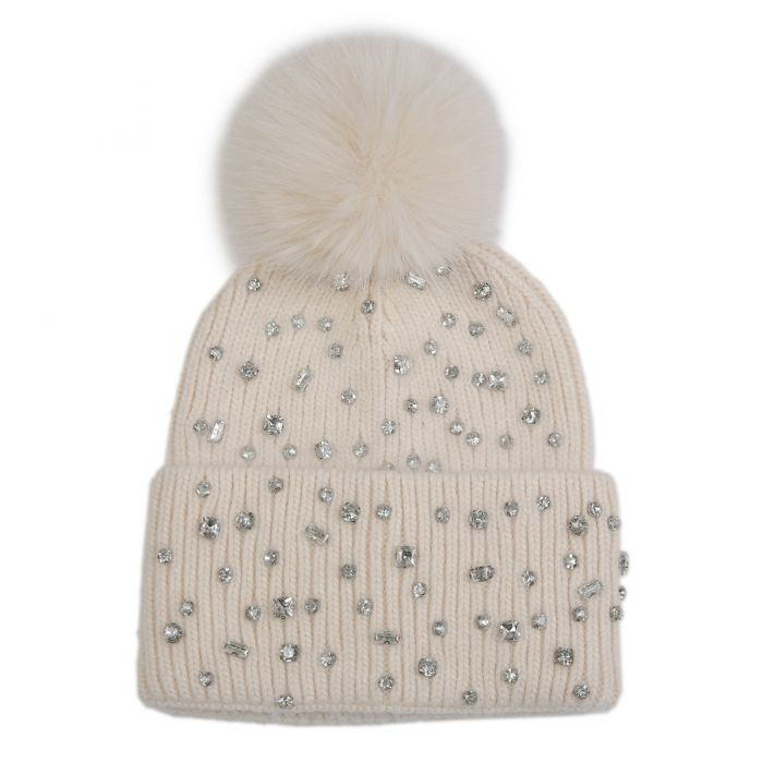 Beige Embellished Faux Fur Pom Pom Hat
