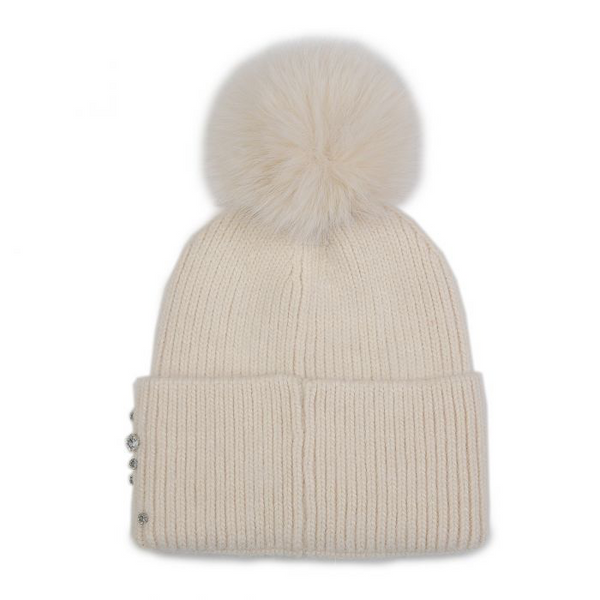Beige Embellished Faux Fur Pom Pom Hat