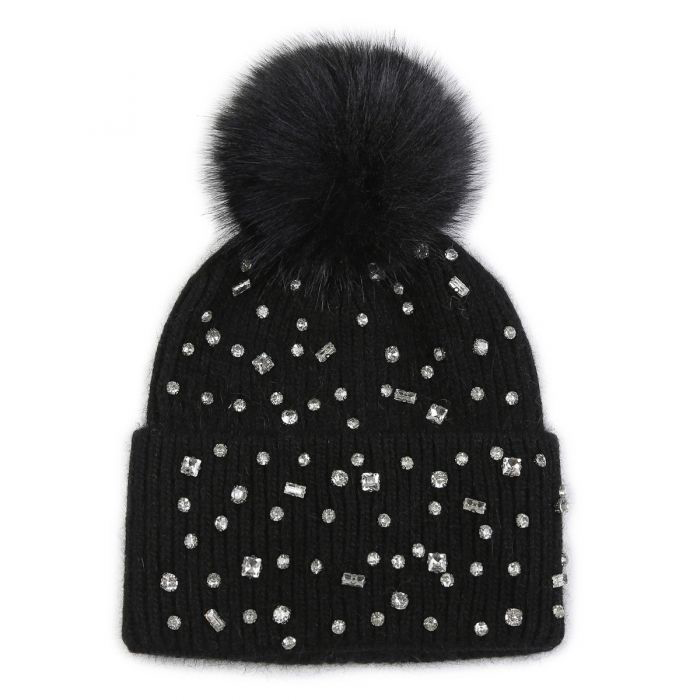 Black Embellished Faux Fur Pom Pom Hat