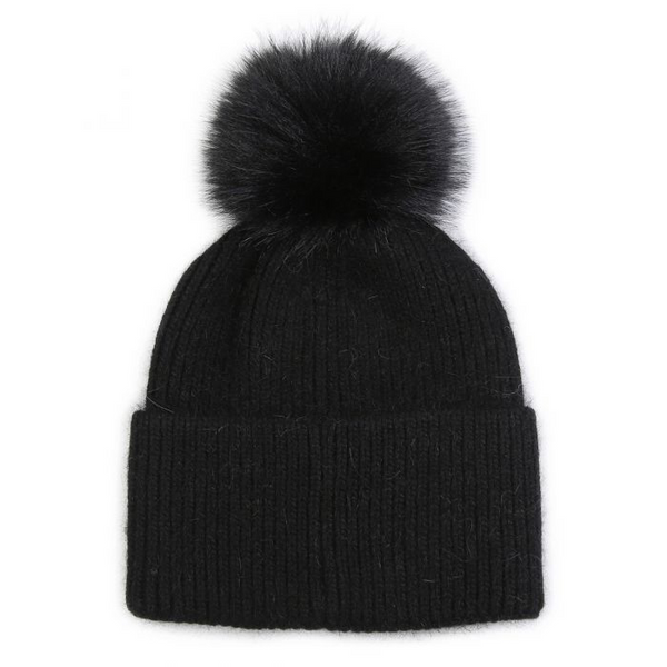 Black Embellished Faux Fur Pom Pom Hat