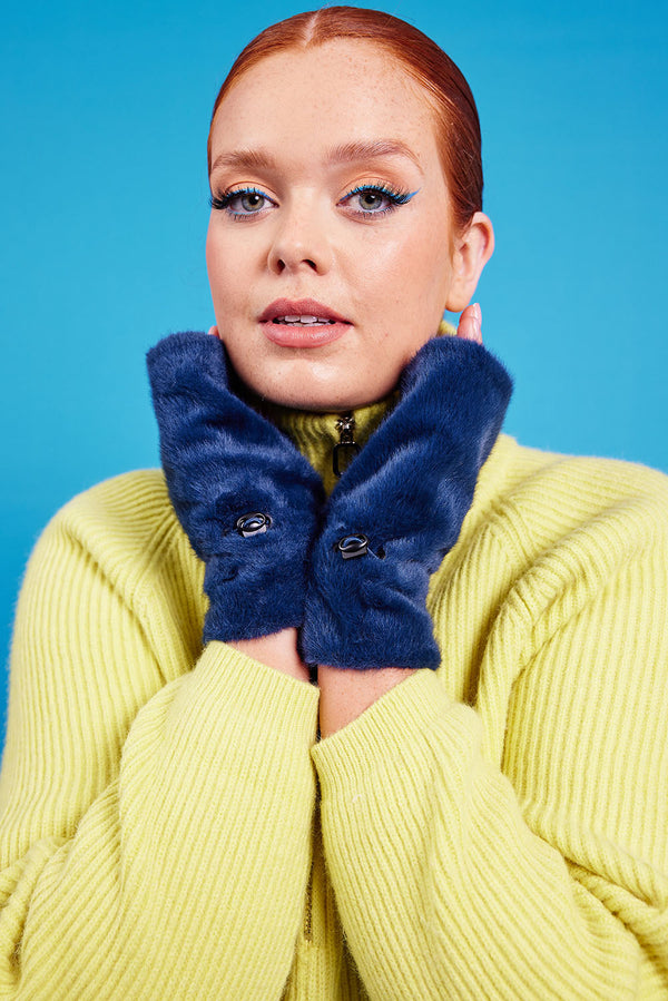 Navy Faux Fur Fingerless Gloves