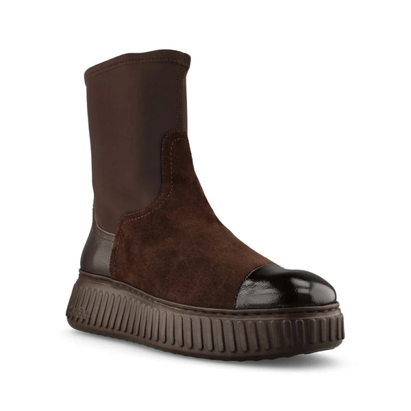 Accessorised by Elite dark brown suede ankle boots with a patent toe cap and chunky ribbed platform sole.