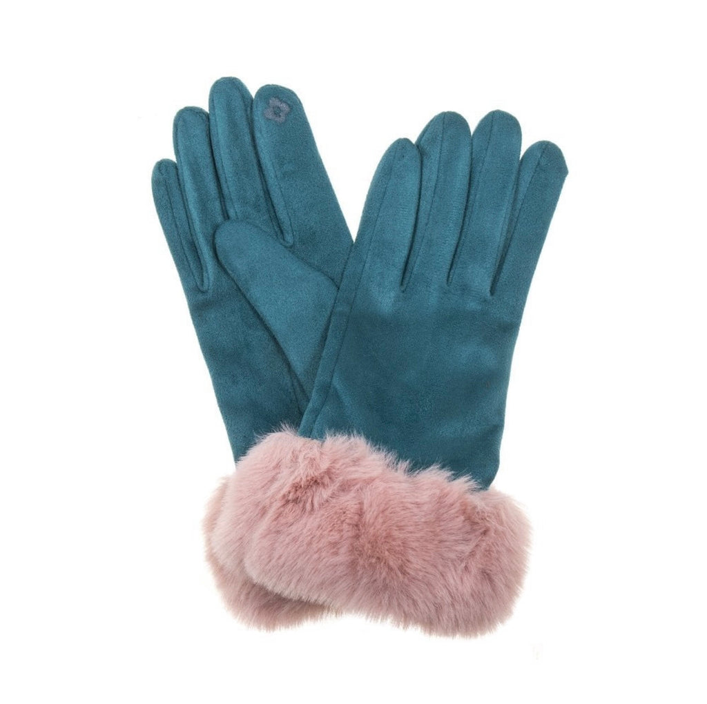 Teal Suede & Pink Faux Fur Gloves