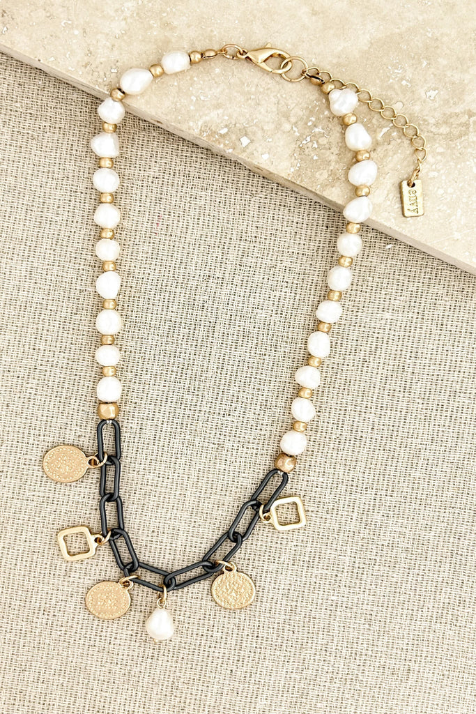 Short Pearl Necklace With Black Chain & Charms*