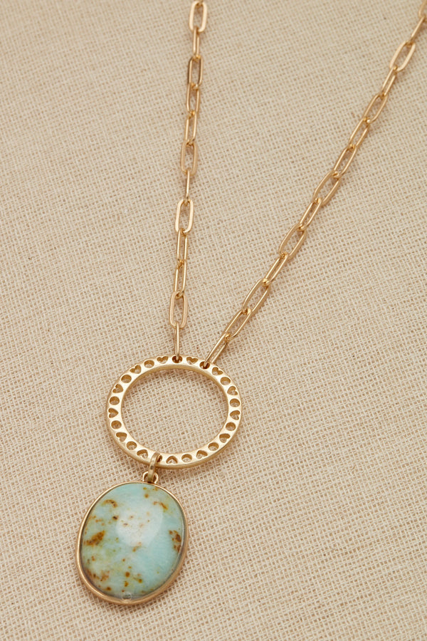 Gold With Green Oval Stone Long Necklace