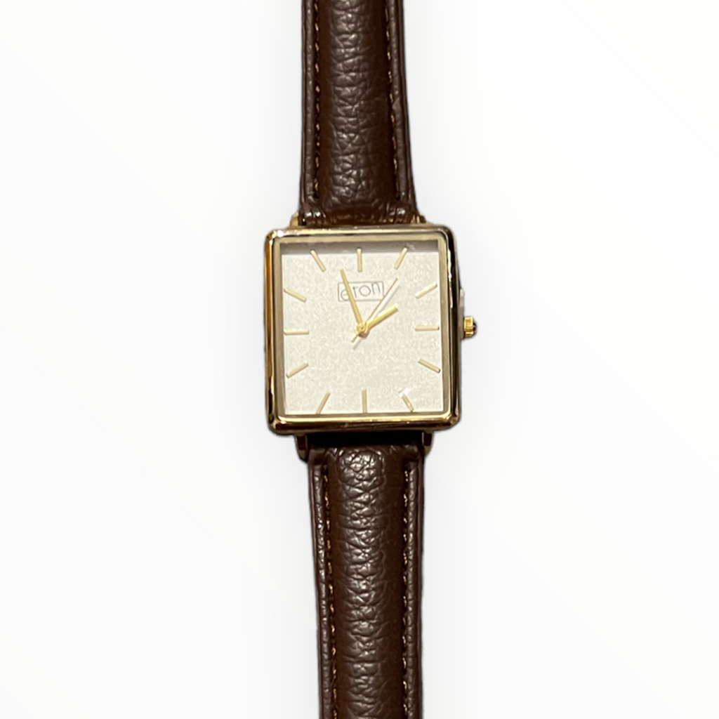 Gold Square Face Watch With Brown Strap*