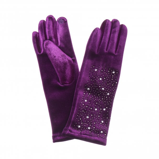 Purple Velvet & Silver Embellished Gloves
