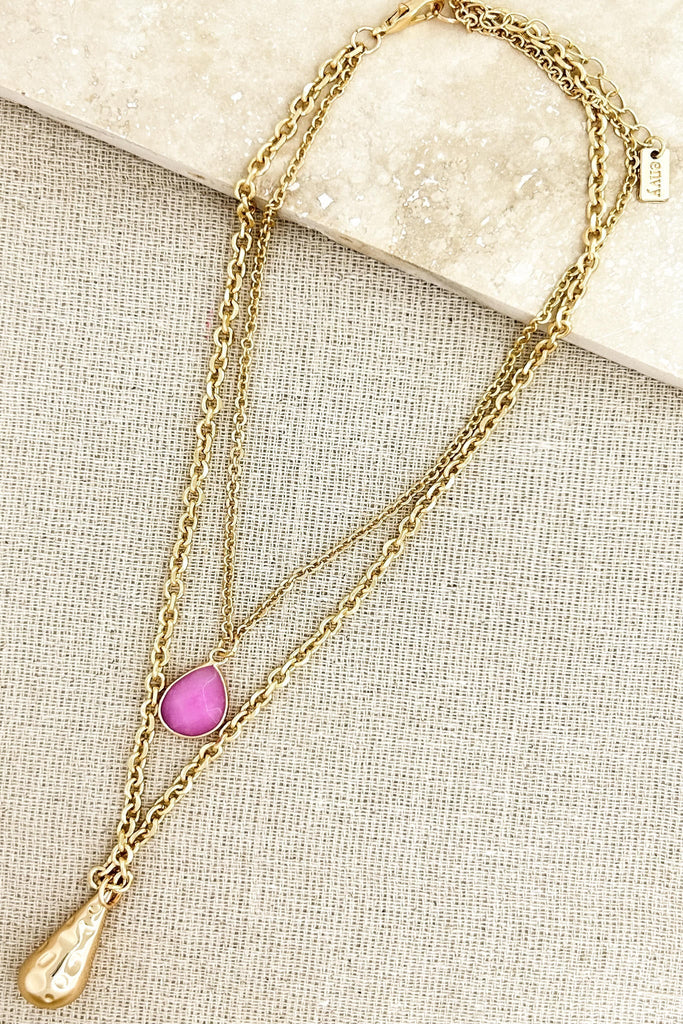 Gold Layered Necklace With Pink Teardrop