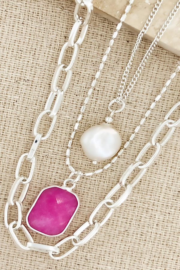 Silver Layered Pearl & Pink Semi Precious Stone Necklace