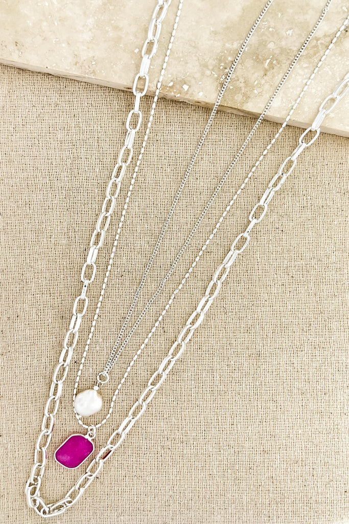 Silver Layered Pearl & Pink Semi Precious Stone Necklace