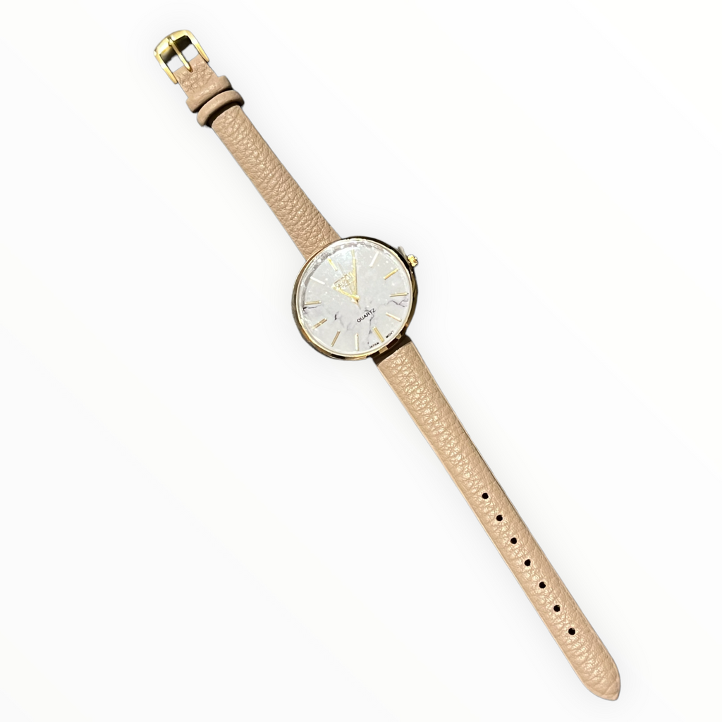 Gold Marble Face Watch With Beige Strap*